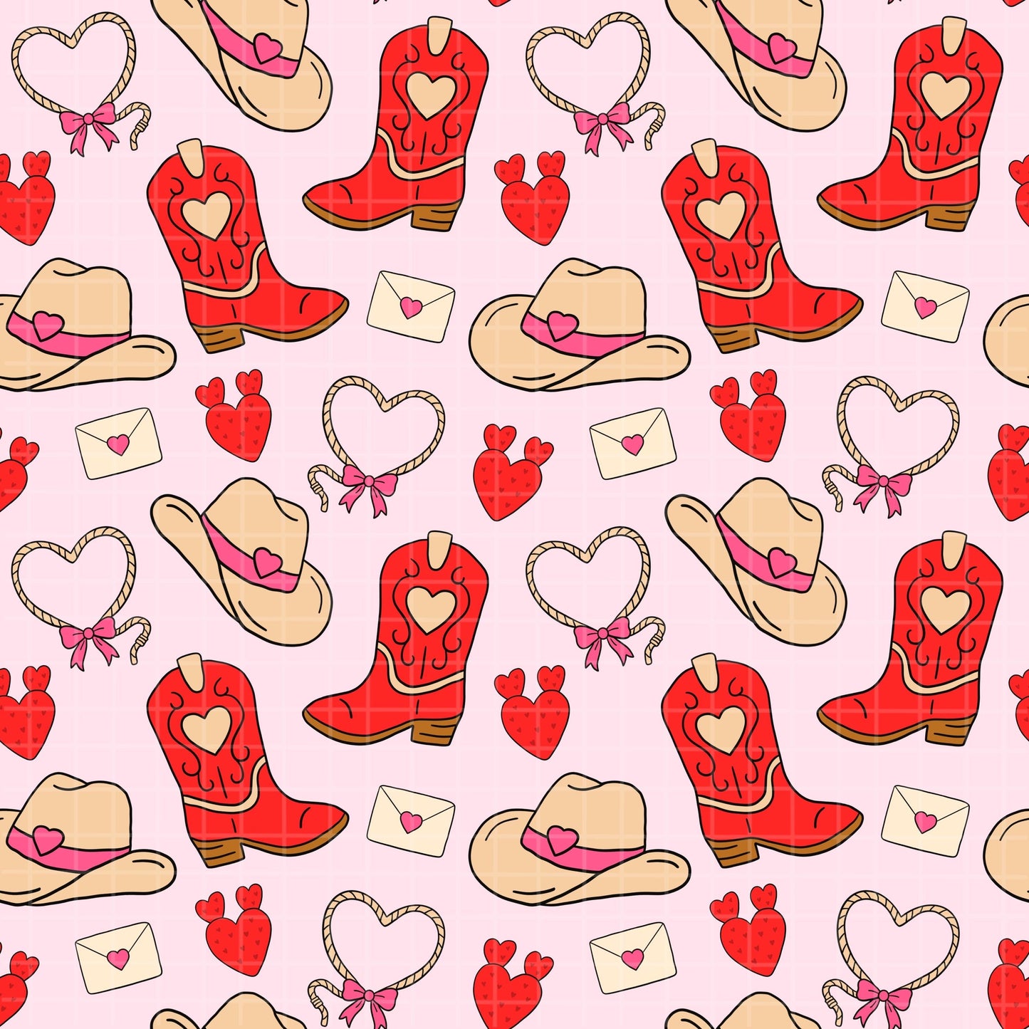 Western Valentine Seamless Pattern, Digital Cowgirl Art, Cute Hearts, Cowboy Boots, Valentine's Day Decor