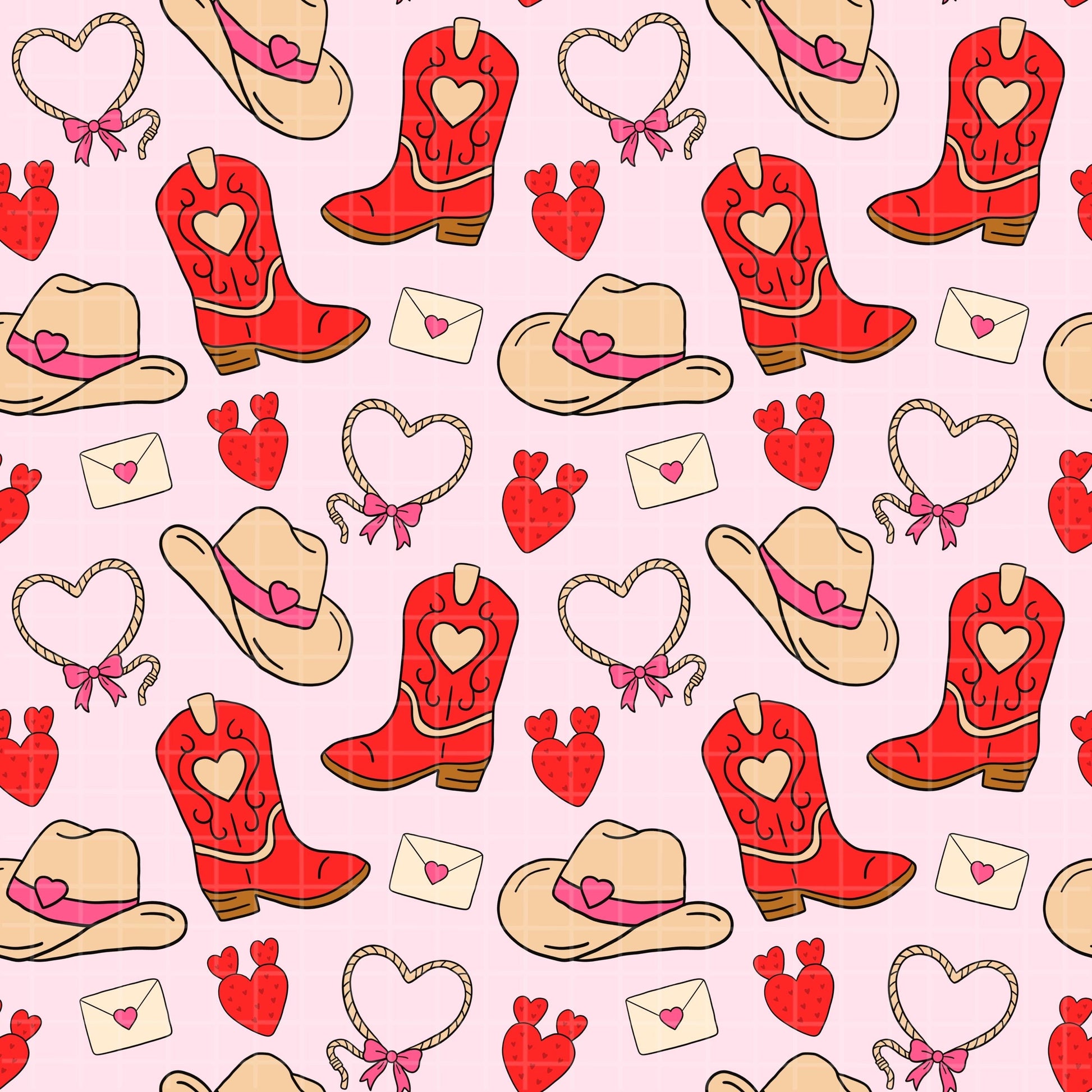 Western Valentine Seamless Pattern, Digital Cowgirl Art, Cute Hearts, Cowboy Boots, Valentine's Day Decor