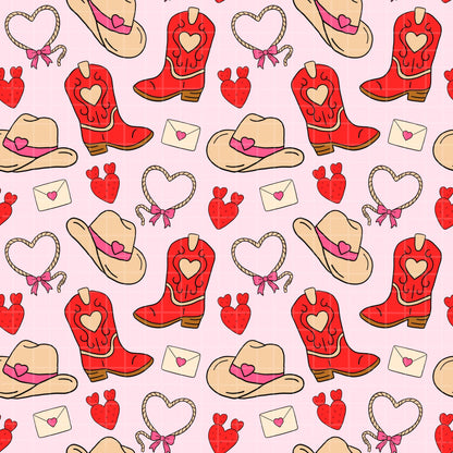 Western Valentine Seamless Pattern, Digital Cowgirl Art, Cute Hearts, Cowboy Boots, Valentine's Day Decor