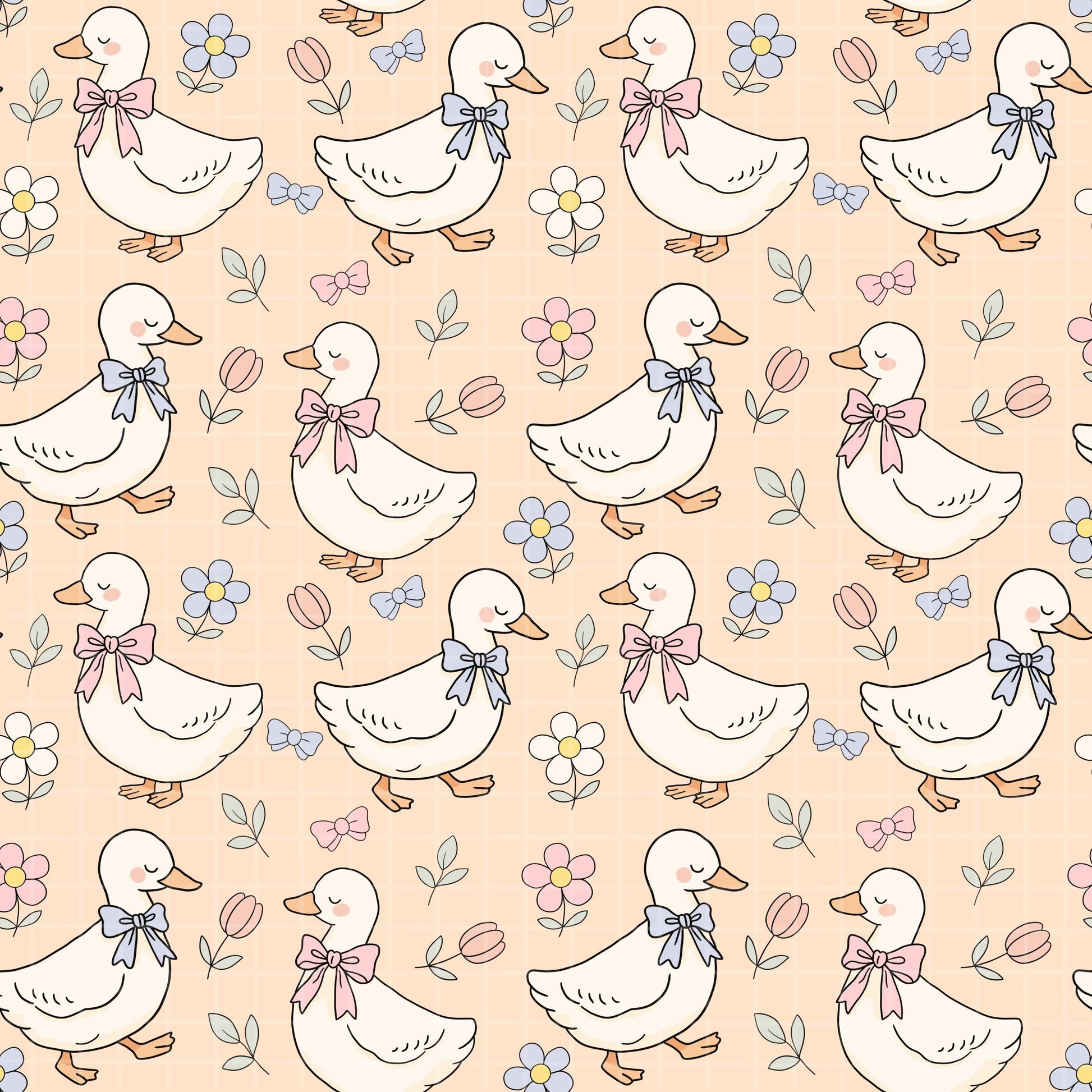Spring Ducks Fabric Pattern, Floral Duck Design, Cute Baby Goose Print, Pastel Nursery Decor, Farm Animals