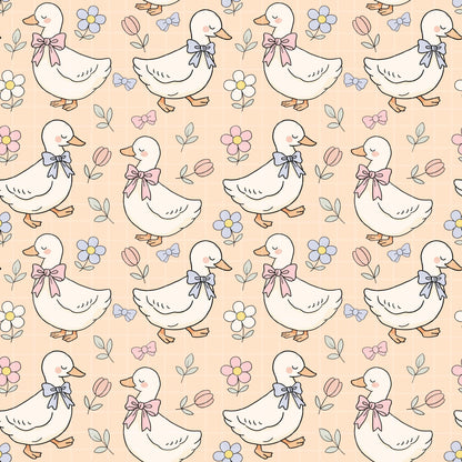 Spring Ducks Fabric Pattern, Floral Duck Design, Cute Baby Goose Print, Pastel Nursery Decor, Farm Animals
