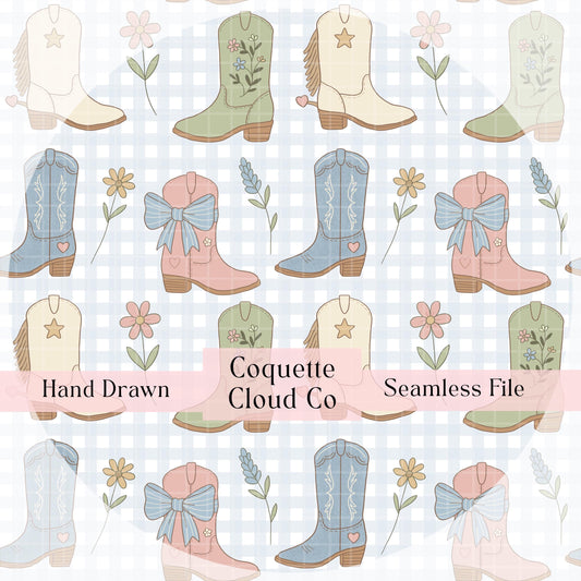 Hand-drawn seamless pattern featuring pastel cowgirl boots, bows, flowers, and greenery on a light gingham background.