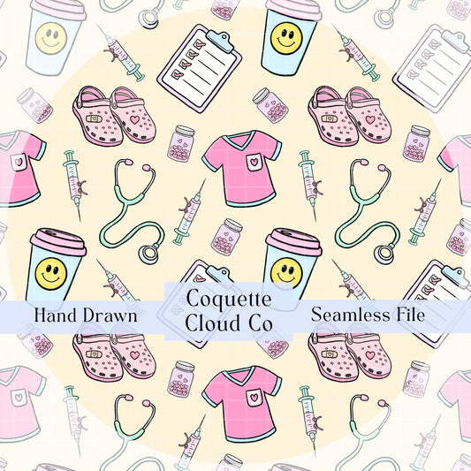 Nurse Seamless Pattern, Digital Paper for Scrapbooking, Medical Background, Printable Designs, Sublimation Art, Instant Download