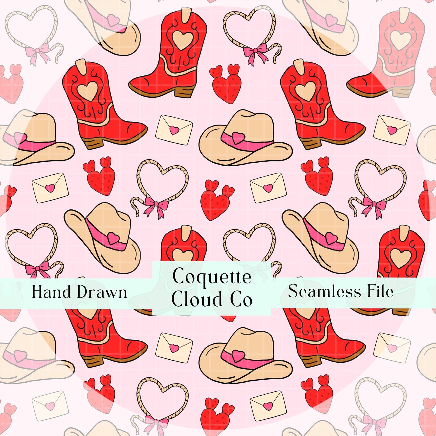 Western Valentine Seamless Pattern, Digital Cowgirl Art, Cute Hearts, Cowboy Boots, Valentine's Day Decor