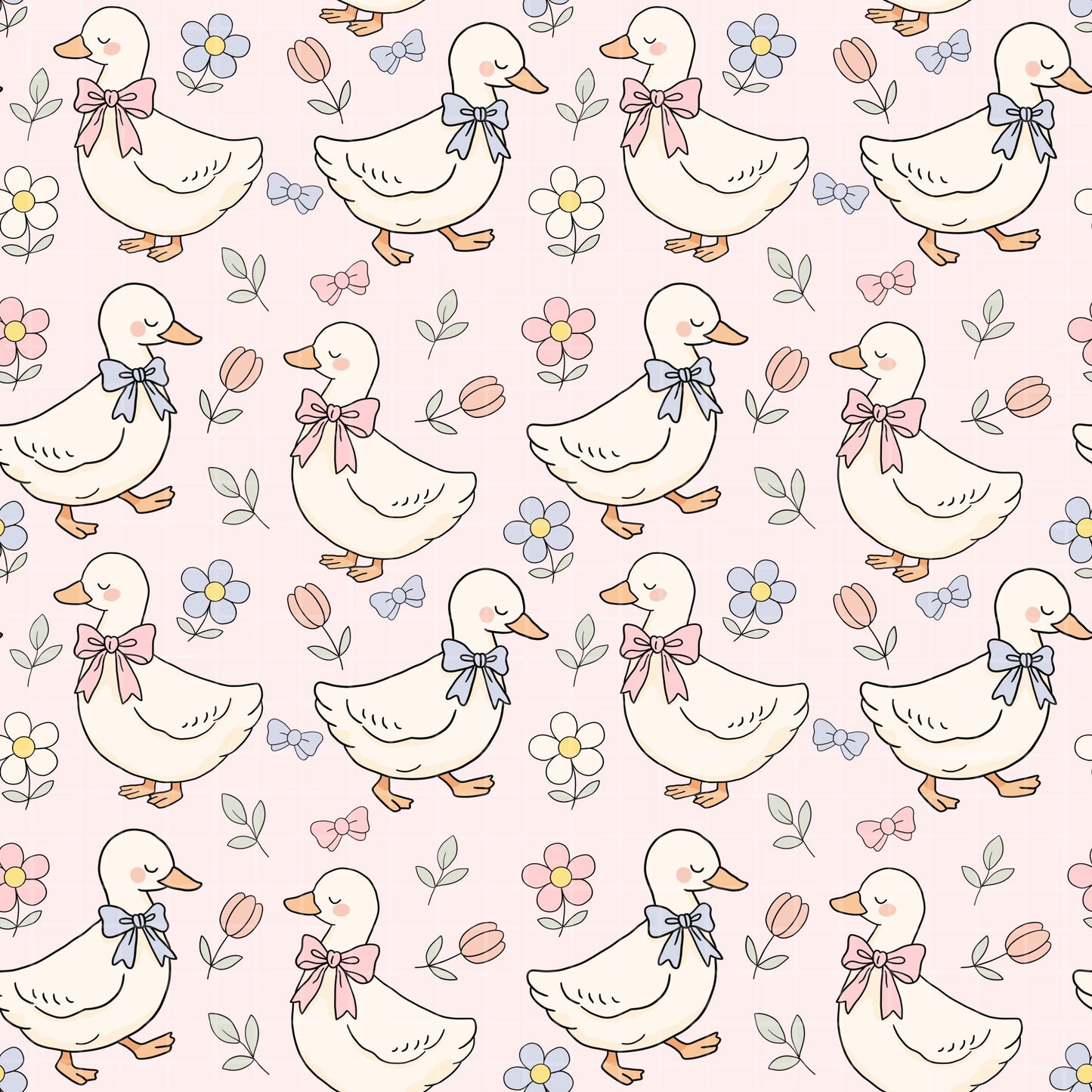 Spring Ducks Fabric Pattern, Floral Duck Design, Cute Baby Goose Print, Pastel Nursery Decor, Farm Animals