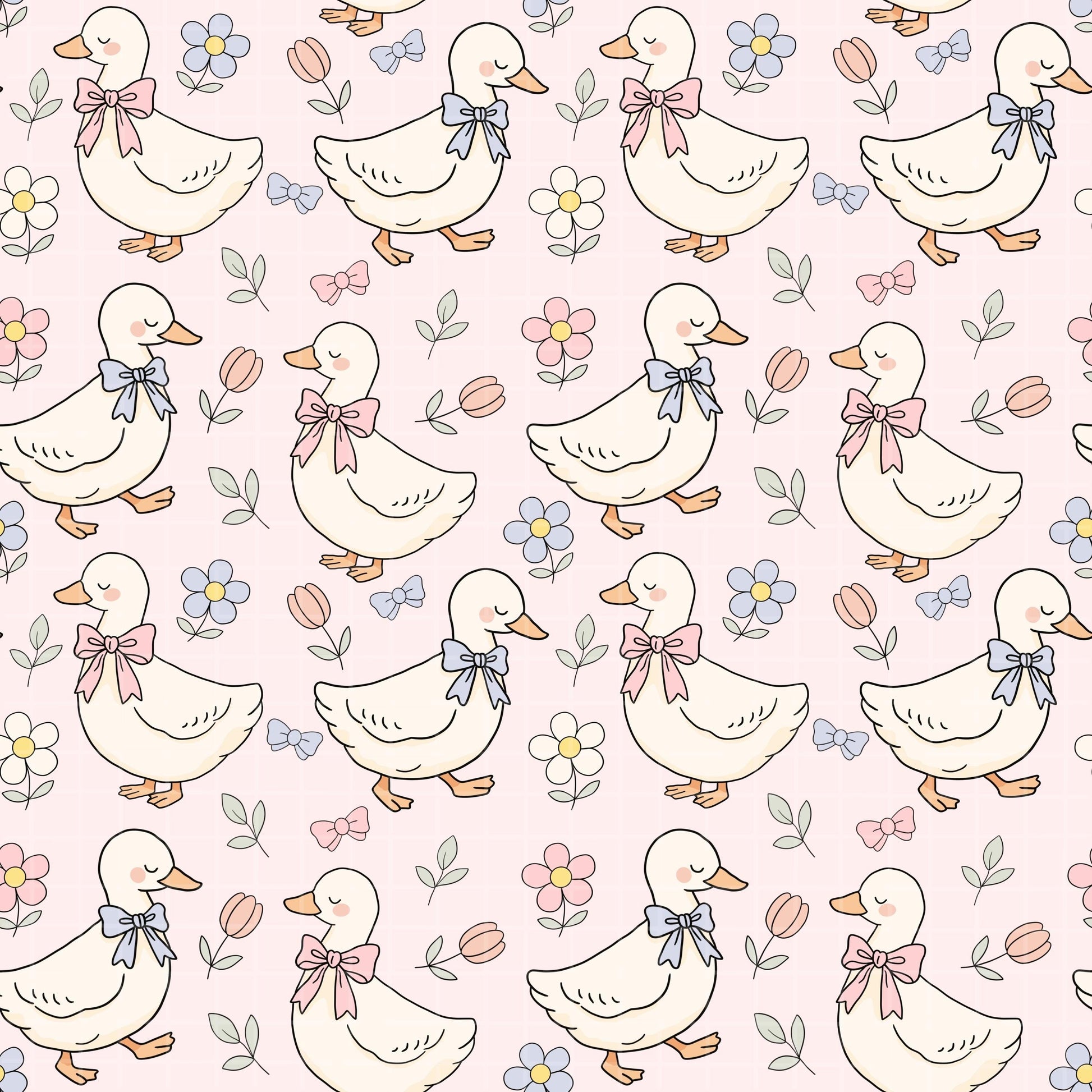 Spring Ducks Fabric Pattern, Floral Duck Design, Cute Baby Goose Print, Pastel Nursery Decor, Farm Animals