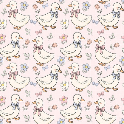 Spring Ducks Fabric Pattern, Floral Duck Design, Cute Baby Goose Print, Pastel Nursery Decor, Farm Animals