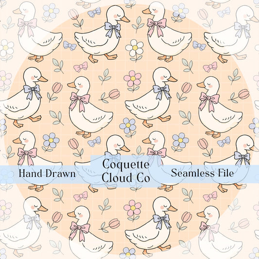 Spring Ducks Fabric Pattern, Floral Duck Design, Cute Baby Goose Print, Pastel Nursery Decor, Farm Animals