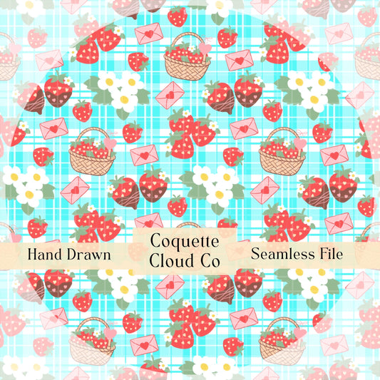 Strawberry Valentine Seamless Pattern, Digital Design for Crafts, Cute Strawberry Print for Valentine's Day