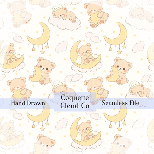Teddy bear and moon seamless pattern featuring hand drawn teddy bears sitting on crescent moons with clouds and stars in soft neutral pastel tones.