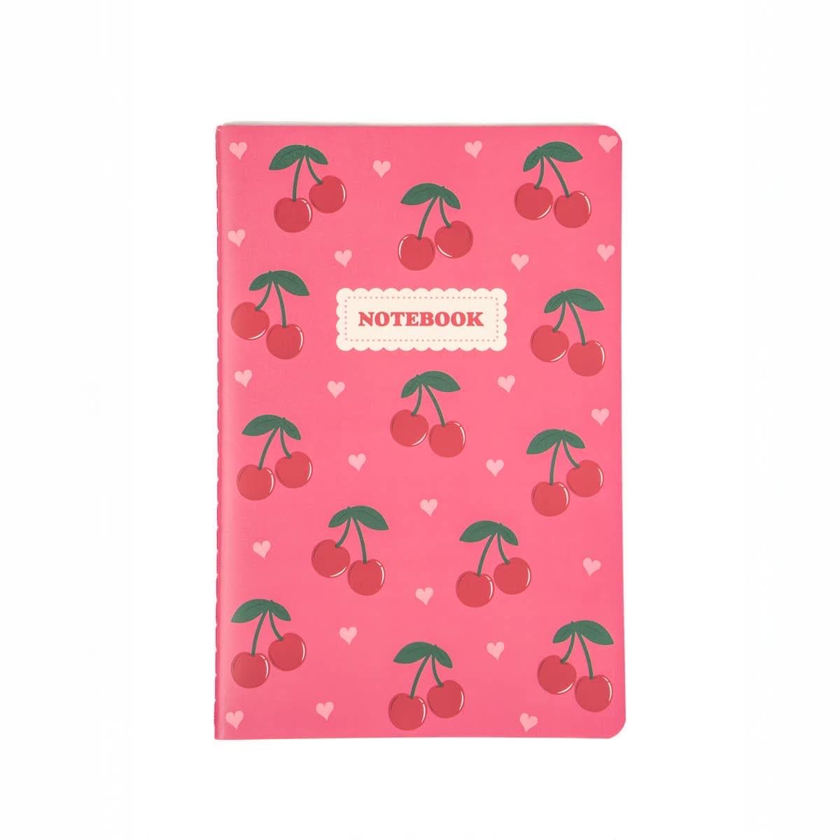 Front view of the cherry notebook showing the full cover design with red cherries and heart details on a pink background.