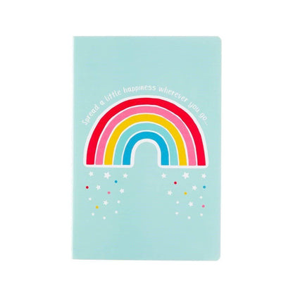 Front view of the rainbow notebook showing the full cover design with bright rainbow arches and confetti details.
