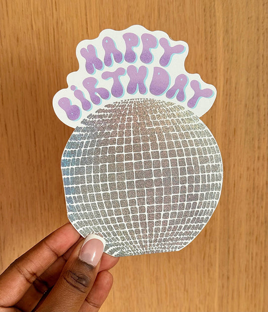 disco ball birthday card a6 die cut in hand