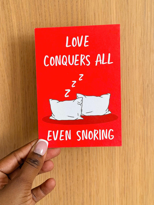 Love Conquers All Even Snoring Card, Funny Couple Card, Humorous Anniversary or Valentine’s Card, A6 Greeting Card