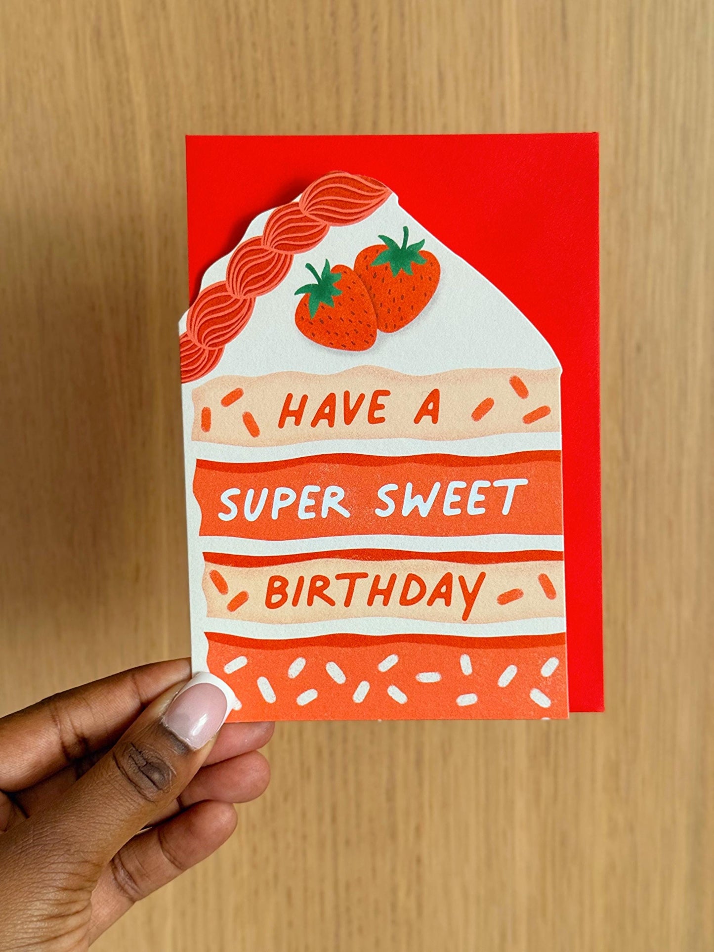 strawberry cake birthday card with red envelope