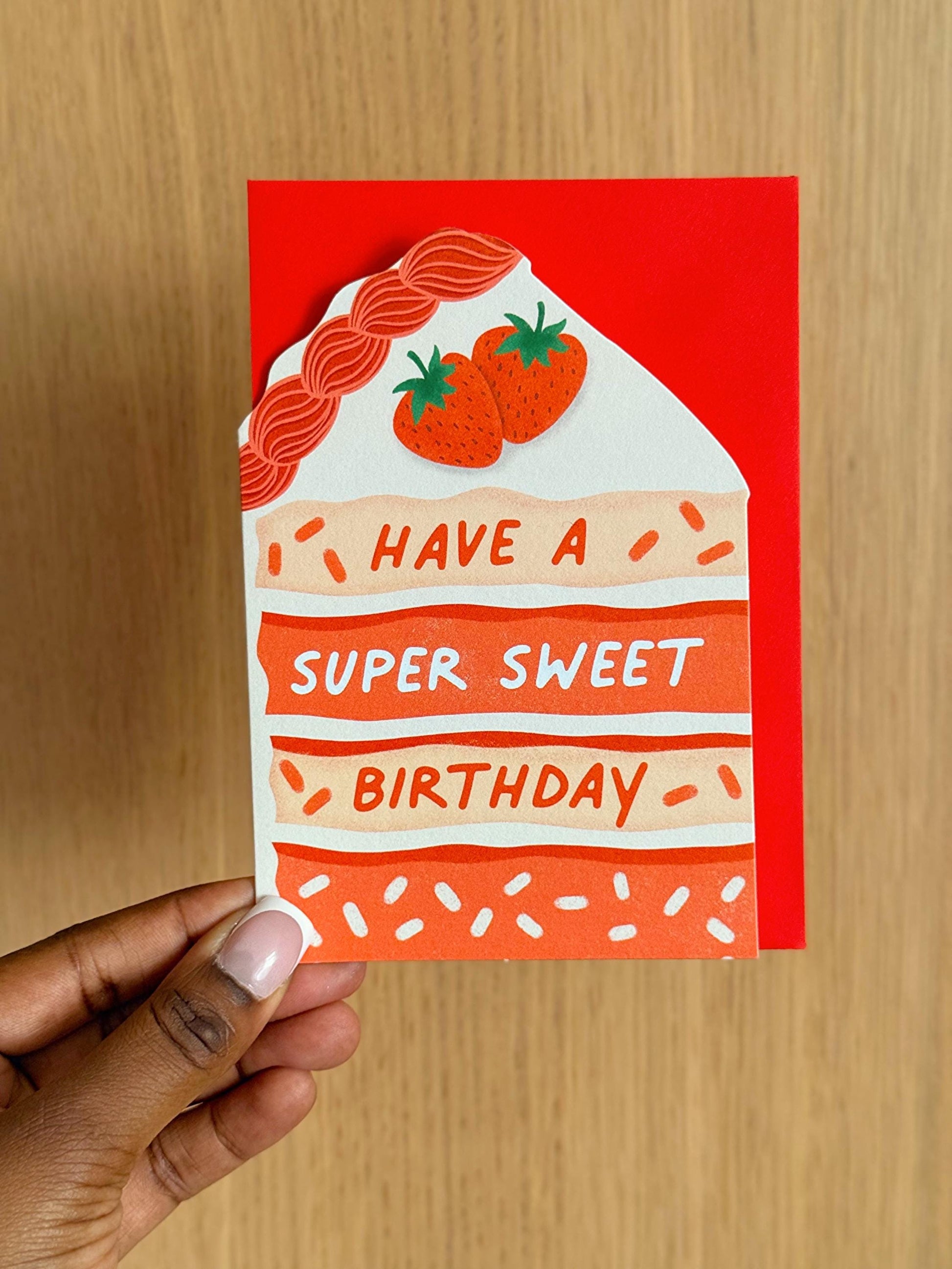 strawberry cake birthday card with red envelope