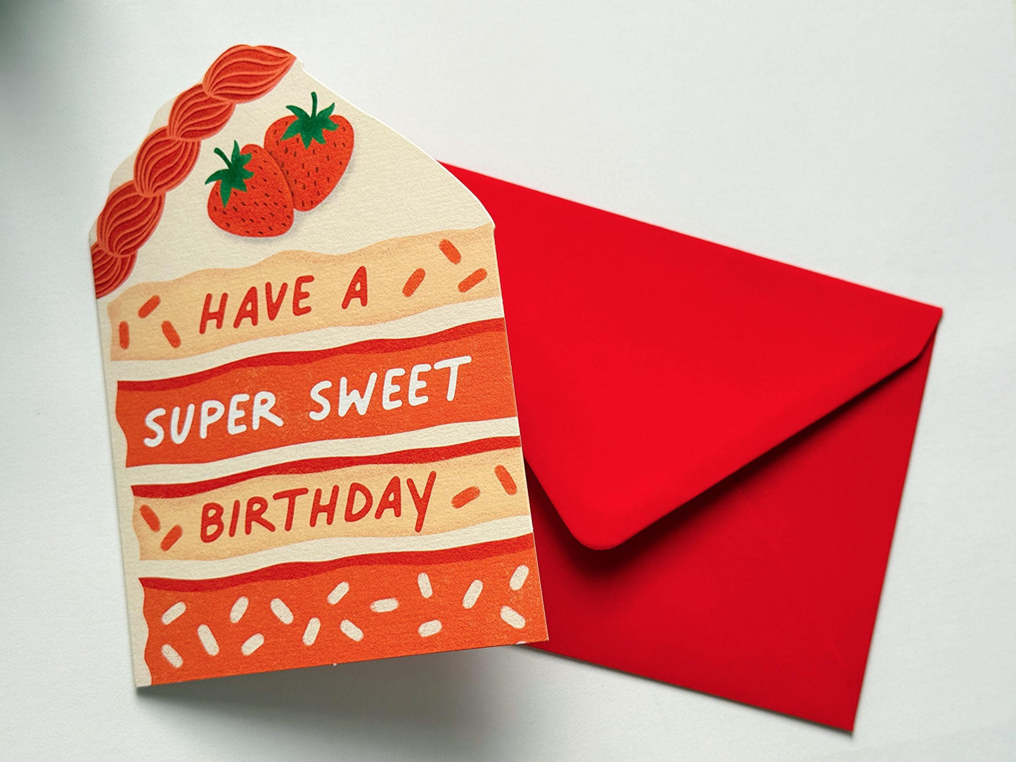 strawberry cake birthday card with matching red envelope