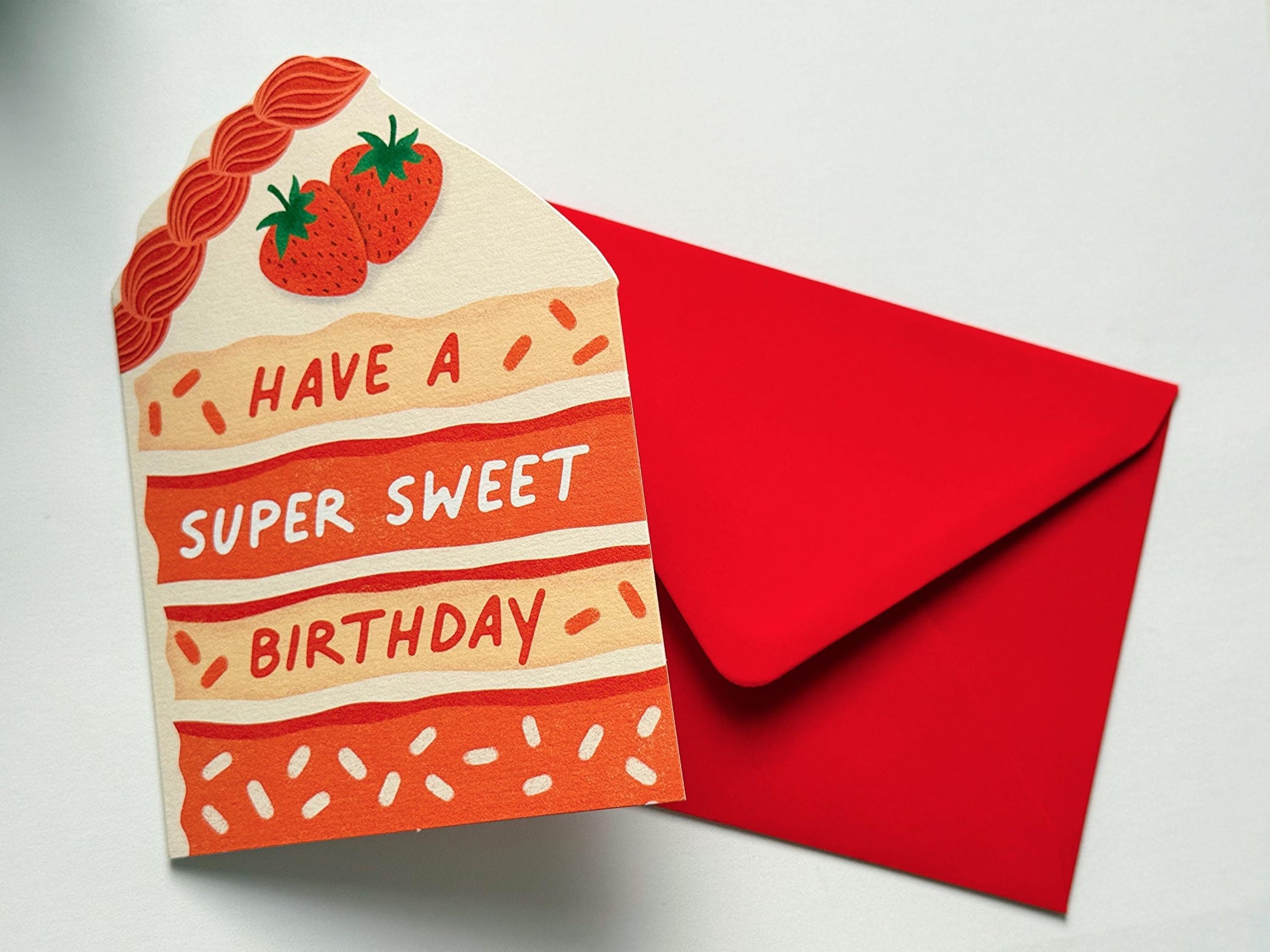 strawberry cake birthday card with matching red envelope