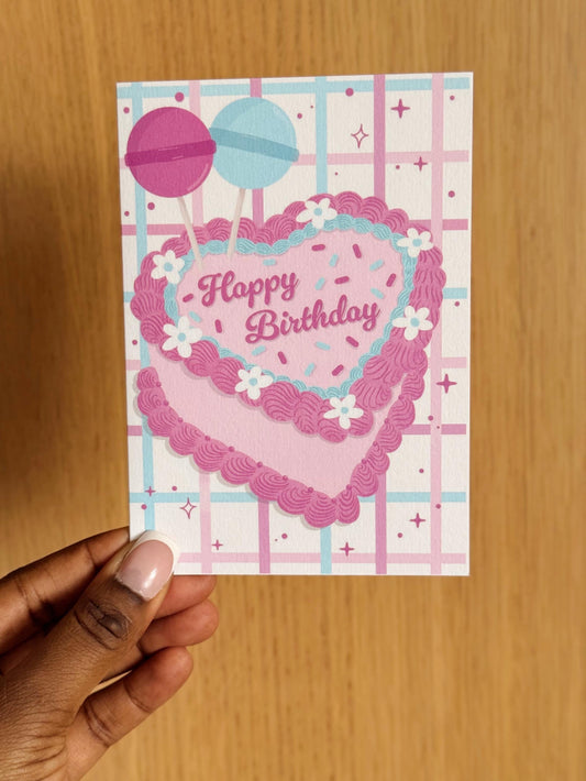 Happy Birthday Card A6, Cute Pastel Cake Birthday Card, Pink Birthday Greeting Card, Sweet Birthday Card