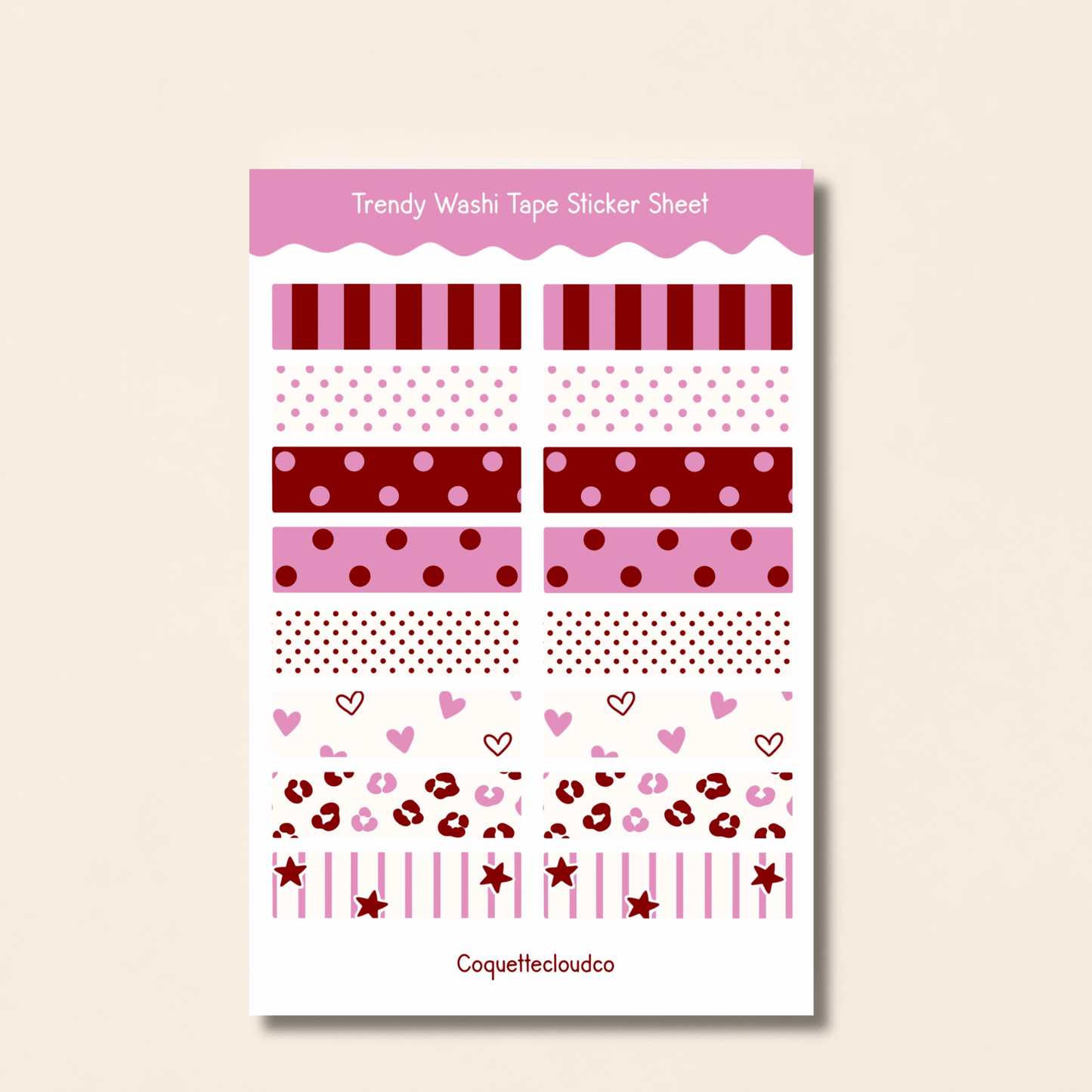 Pink/Burgundy Washi Tape Sticker Sheet - Coquette Cloud Co