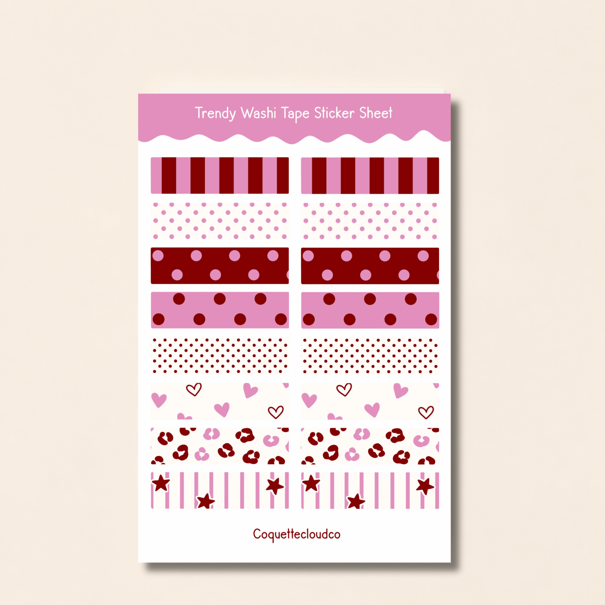 Pink/Burgundy Washi Tape Sticker Sheet - Coquette Cloud Co