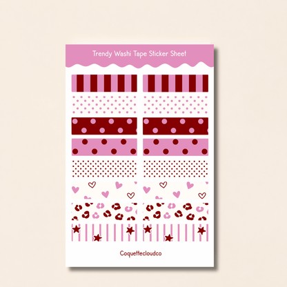 Pink/Burgundy Washi Tape Sticker Sheet - Coquette Cloud Co