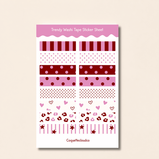 Pink/Burgundy Washi Tape Sticker Sheet - Coquette Cloud Co