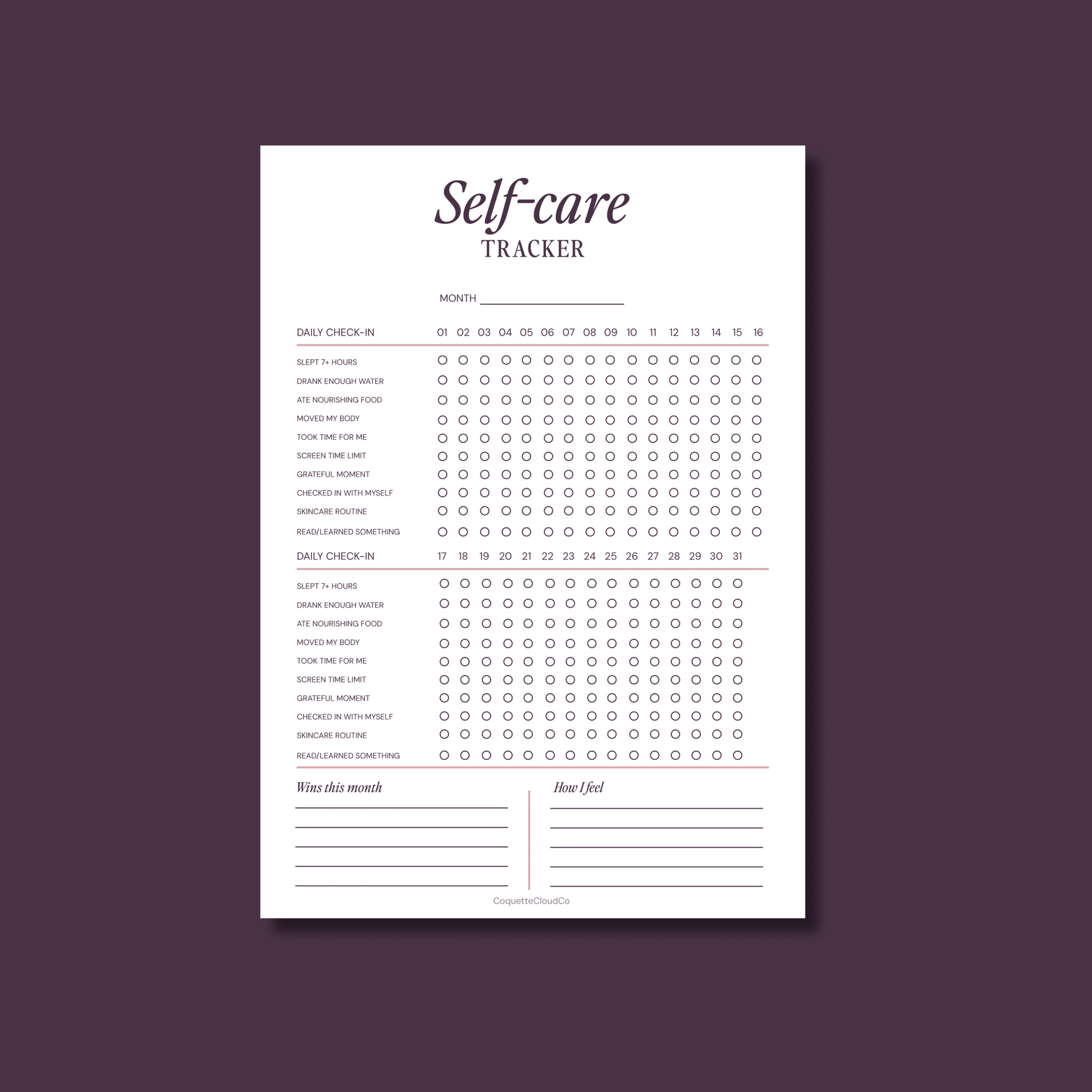 Self-care Tracker - Coquette Cloud Co