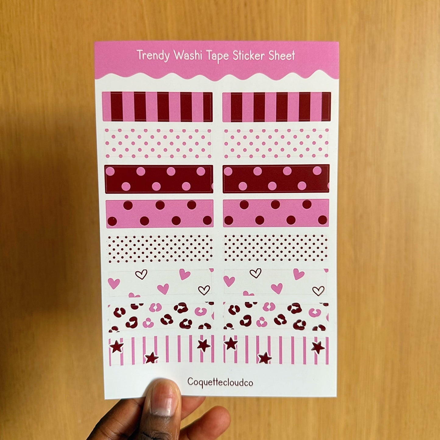 Trendy Pink/Burgundy Washi Tape Sticker Sheet - Coquette Cloud Co