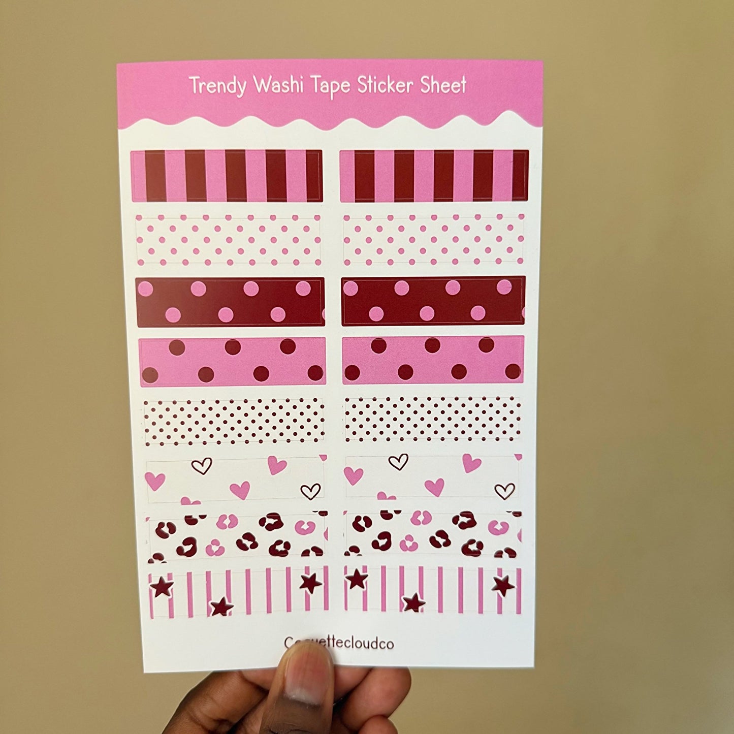 Trendy Pink/Burgundy Washi Tape Sticker Sheet - Coquette Cloud Co