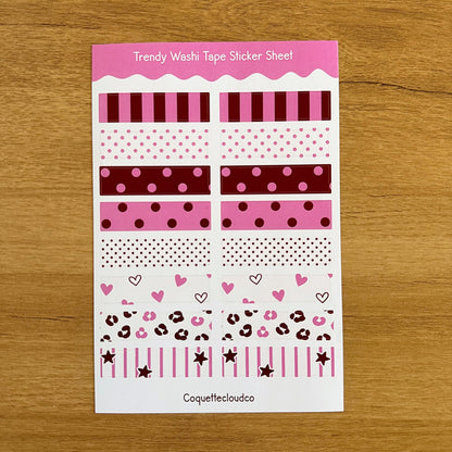 Trendy Pink/Burgundy Washi Tape Sticker Sheet - Coquette Cloud Co